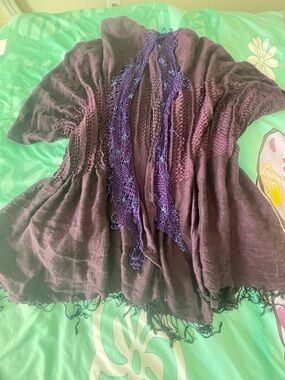 Boho Purple Open-Front Crochet Trim Cardigan